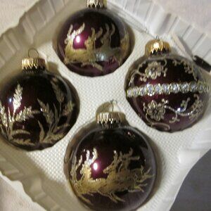 4 European classic Plum blown glass ornaments plum colored and gold